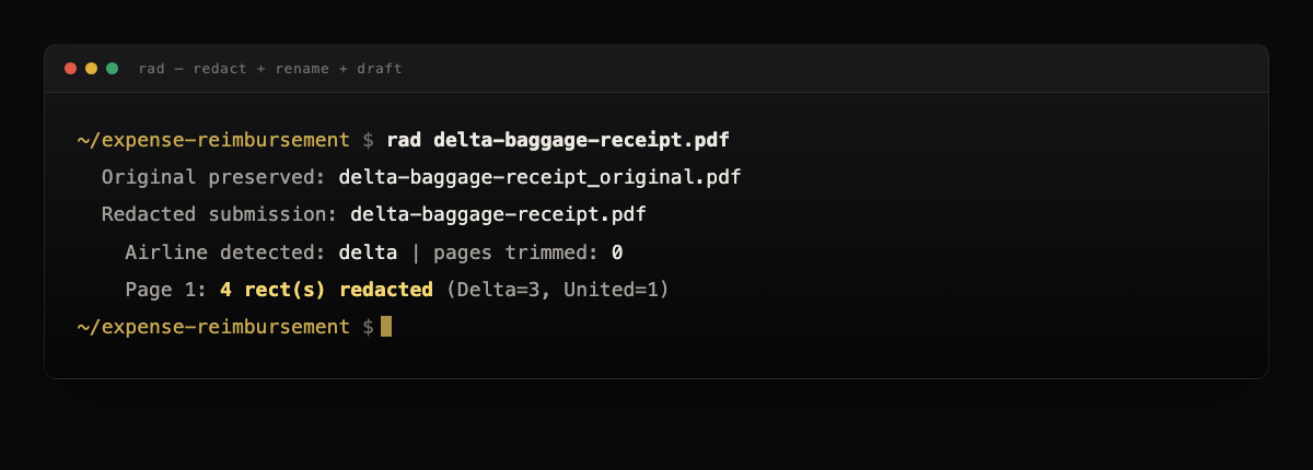 Terminal output of the rad command redacting a Delta baggage receipt: airline auto-detected, 4 fields redacted, original preserved under a separate filename.